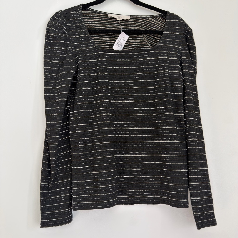 LOFT Black White Striped Square Neck Puff Sleeve Top NWT Size Medium